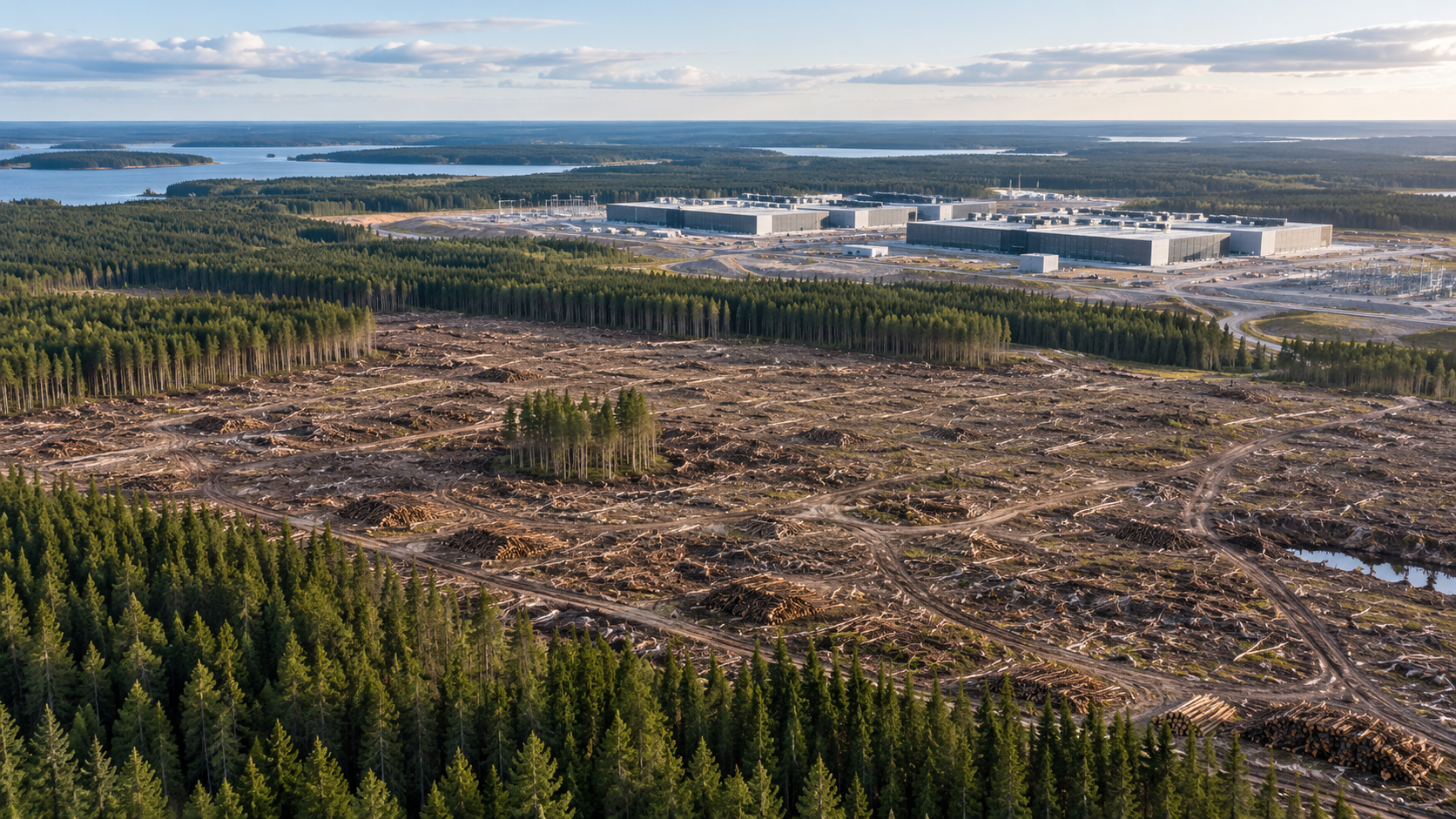 Tekoälyllä luotu kuvituskuva raivatusta metsäalueesta ja datakeskusrakennuksista. Ei kuvaa todellista Pyhäjoen hankealuetta.