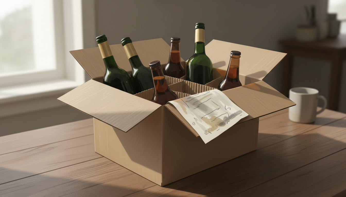 Avattu lähetyslaatikko, jossa on alkoholipulloja.